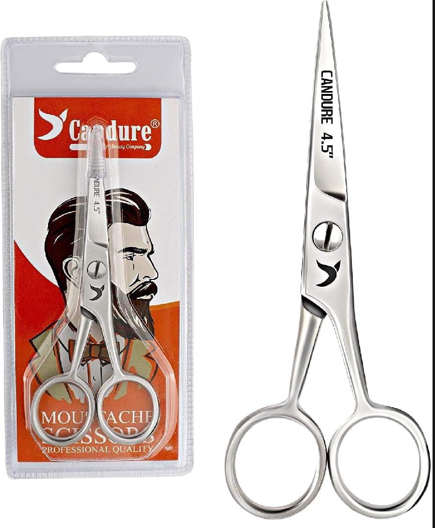 Candure Professional Beard Scissors, Ideal For Facial and Nose Hairs. 4.5 inches In Silver Color, Easy To Grip. Perfect For Hair Styling, Trimming, Salons, Barber, and Home Crafting use. Cut, Style, Shape, Groom Face Hair with Ease, Export-Quality