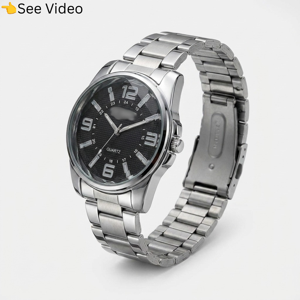 Men's Stainless Steel Quartz Wrist watch Casual Formal Watch for Boys with Black Textured Dial & Silver Chain Bracelet
