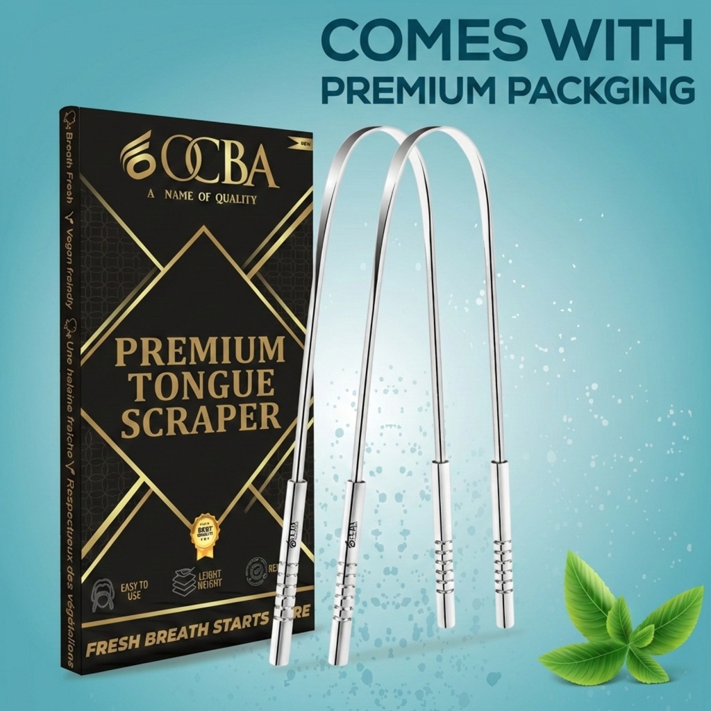 OCBA Tongue Cleaner For Fresh Breath & Oral Hygiene Tongue Scraper Premium Stainless Steel Tongue Brush For Men & Women