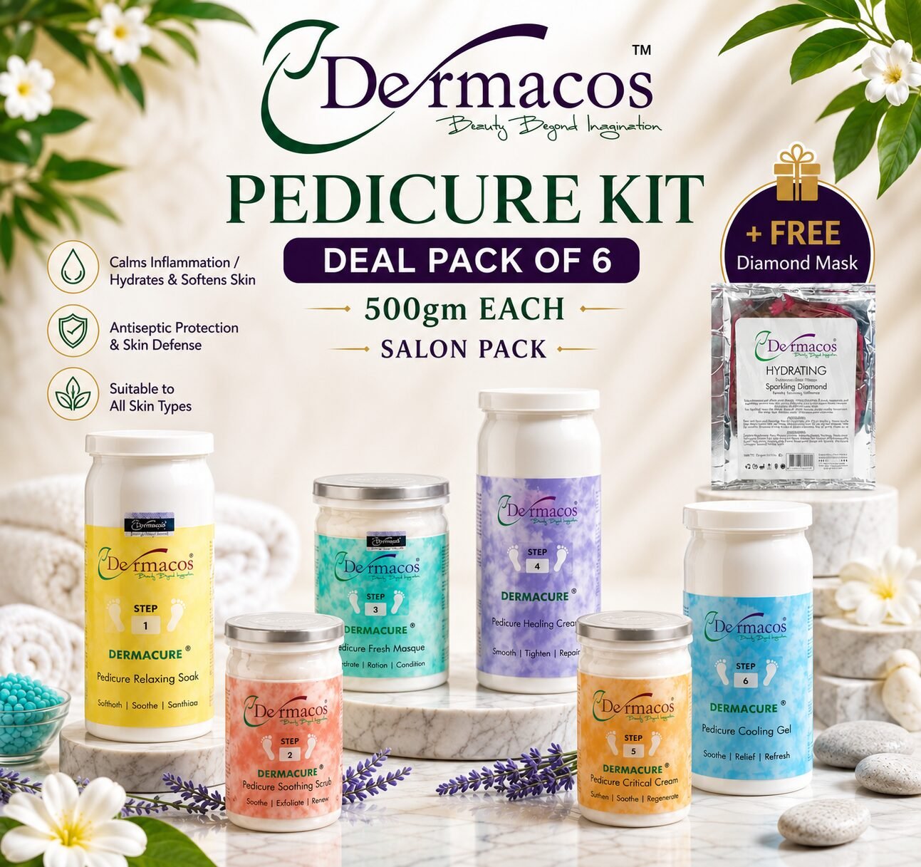 Pedicure Kit (500ml Each) Salon Pack Pack of 6 + Diamond Mask | Multi-Step Facial Care | 500ml each, Pack of 6 + Diamond Mask
