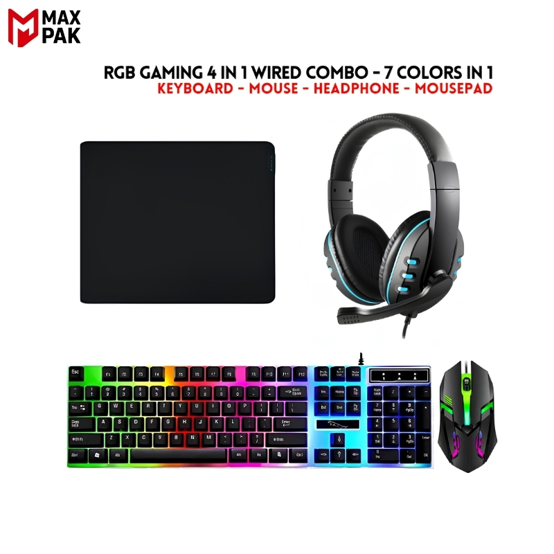 RGB Gaming Keyboard & Mouse Combo - 7 Colour Wired RGB Mouse and Keyboard Set - USB Wired Pack For PC & Laptop - Black & White