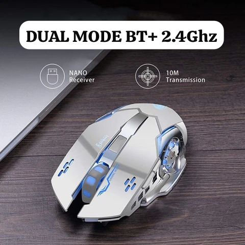 PRO WIRELESS GAMING MOUSE 6D 2.4GHZ+BLUETOOH DUAL MODE RGB RECHARGEABLE LONG BATTERY TIMING