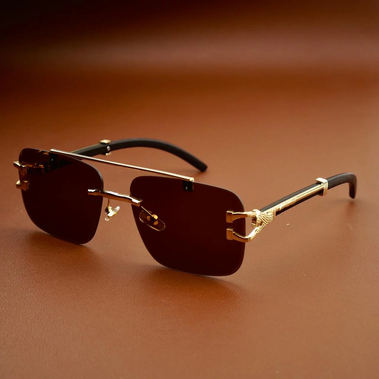 Modern Rimless Sunglasses for Men – Premium Gold Metal Detailing, Brown Lens | With Pouch & Hard Case Box