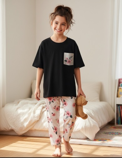 Kids Night Dress – Dark Grey Heart Print Cotton Jersey Sleepwear (Sizes 5 to 14 Years) Stylish Heart Print Nightwear – Soft Cotton Pajama Set