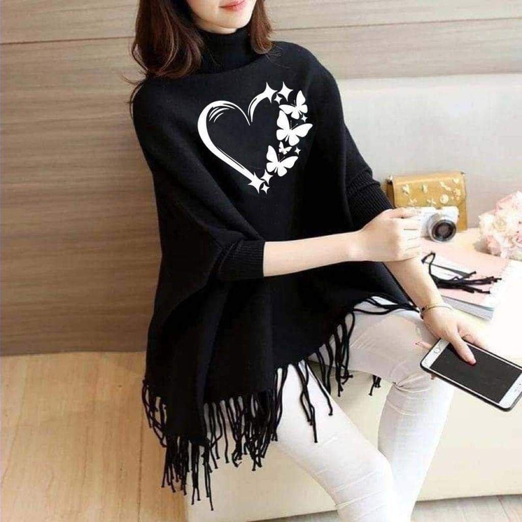 Women's Bat-Wing Style Printed Fleece Poncho