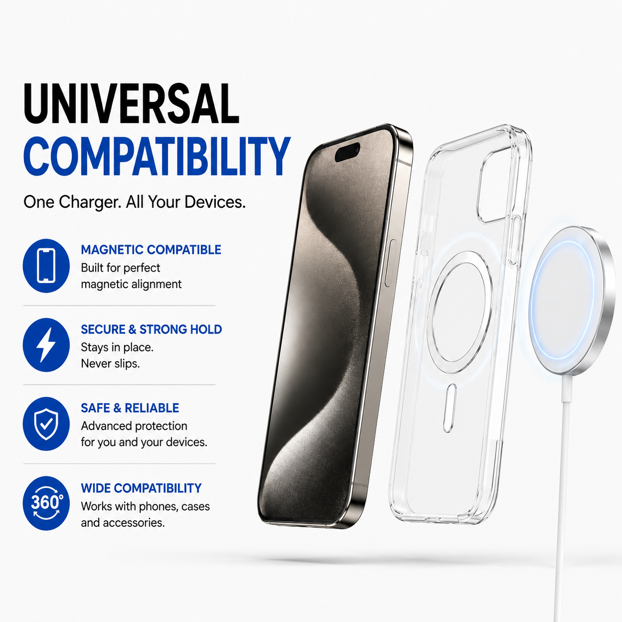 Magnetic Wireless Fast Charger USB-C | Strong Magnetic Alignment | Fast Charging Pad | Overheat Protection | Universal Magnetic Charging Cable