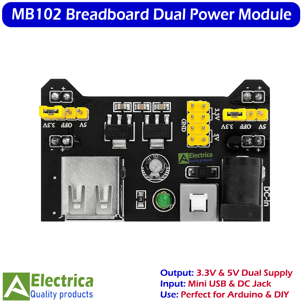 MB102 Breadboard Power Supply Module with Dual 3.3V & 5V Output, Mini USB/DC Input, On/Off Switch, for Arduino DIY Electronics by Electrica