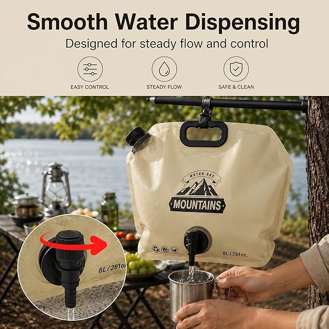 8L Portable Folding Water Bag | Collapsible Water Container with Tap & Handle | Leak-Proof Camping Water Storage Bag | Outdoor Travel Water Jug | Hiking Picnic Emergency Water Carrier
