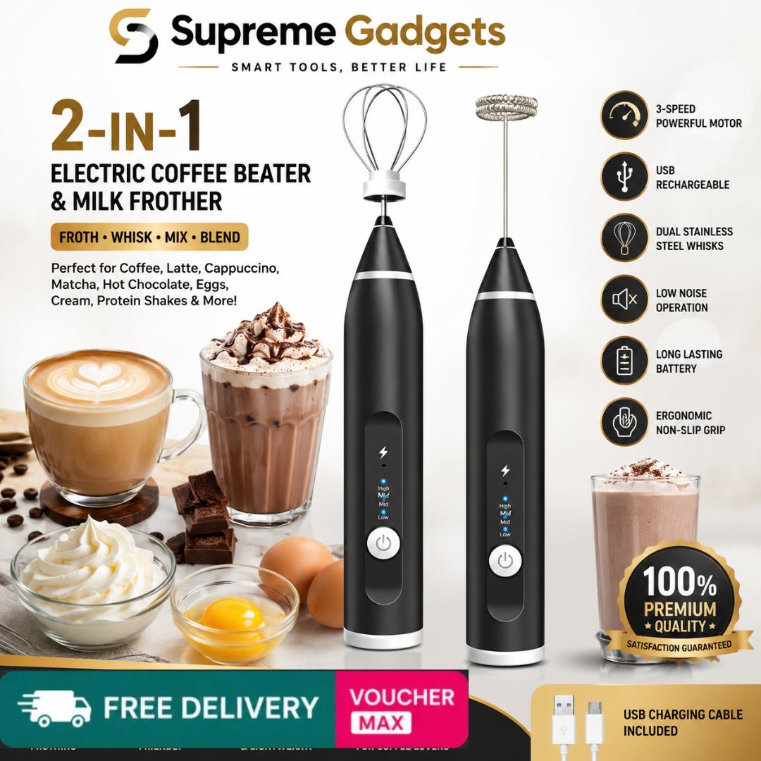2 in 1 Electric Coffee Beater & Milk Frother | Rechargeable USB Handheld Mixer, Egg Beater & Coffee Whisk | 3 Speed Portable Foam Maker for Latte, Cappuccino, Coffee, Eggs & Baking | Cordless Kitchen Tool