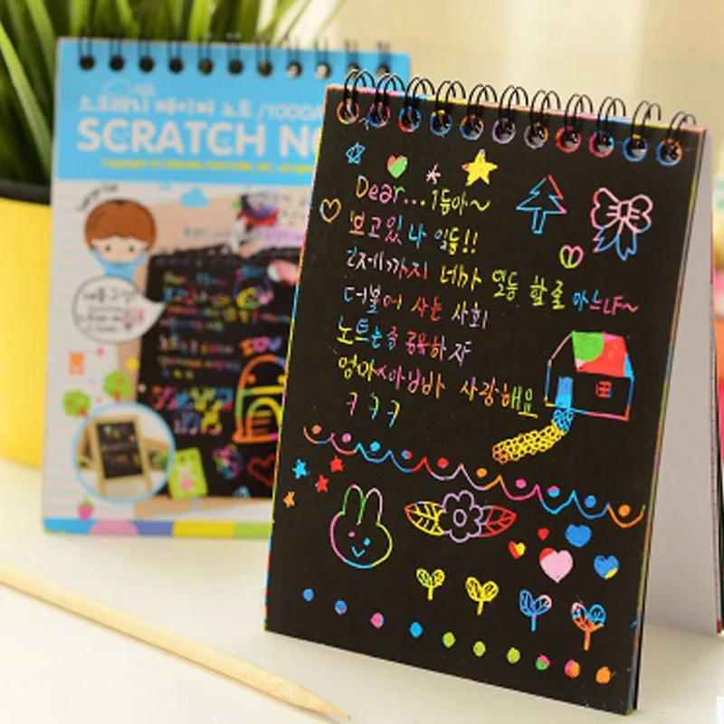 Creative 1Pcs Magic Color Rainbow Scratch Paper Note Book Scraping Painting Black DIY Drawing Toys Kid Doodle Novelty Pad Graffiti Cardboard Kids Children Toy School Supplies Art & Craft with wooden Stick size 10 cm x 14 cm 10 Sheets