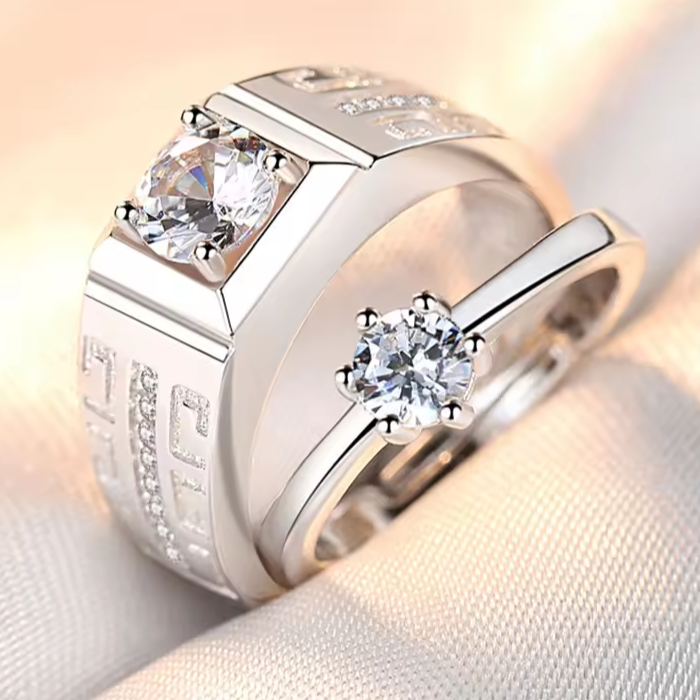 Luxury Couple Rings Women's Heart White Crystal Rhinestones Rings Set Men's CZ Stainless Steel Ring Wedding Engagement Jewelry