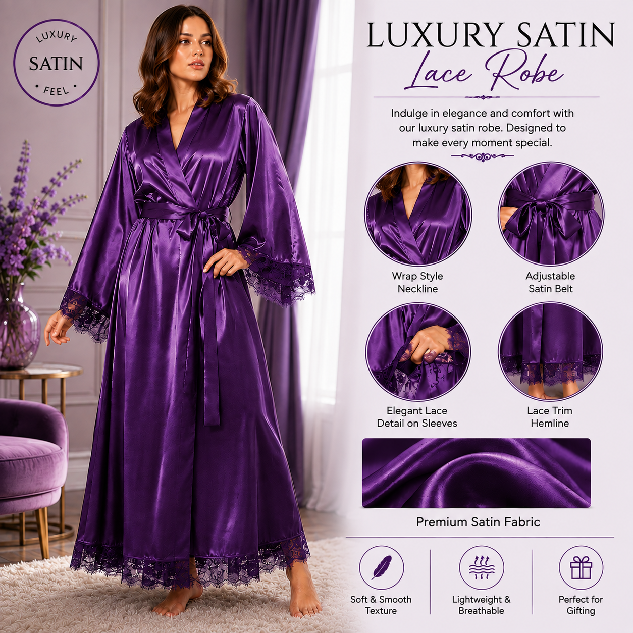 Pure Satin silk saxy hot honey moon nighty set, saxy nighty for girls, saxy nighty dress for women, saxy night suit for girls, hot saxy night suit for Girls, Satin Silk Gown Night Dress Satin Robe Short Kimono for Bride & Bridesmaid Lace - Purple