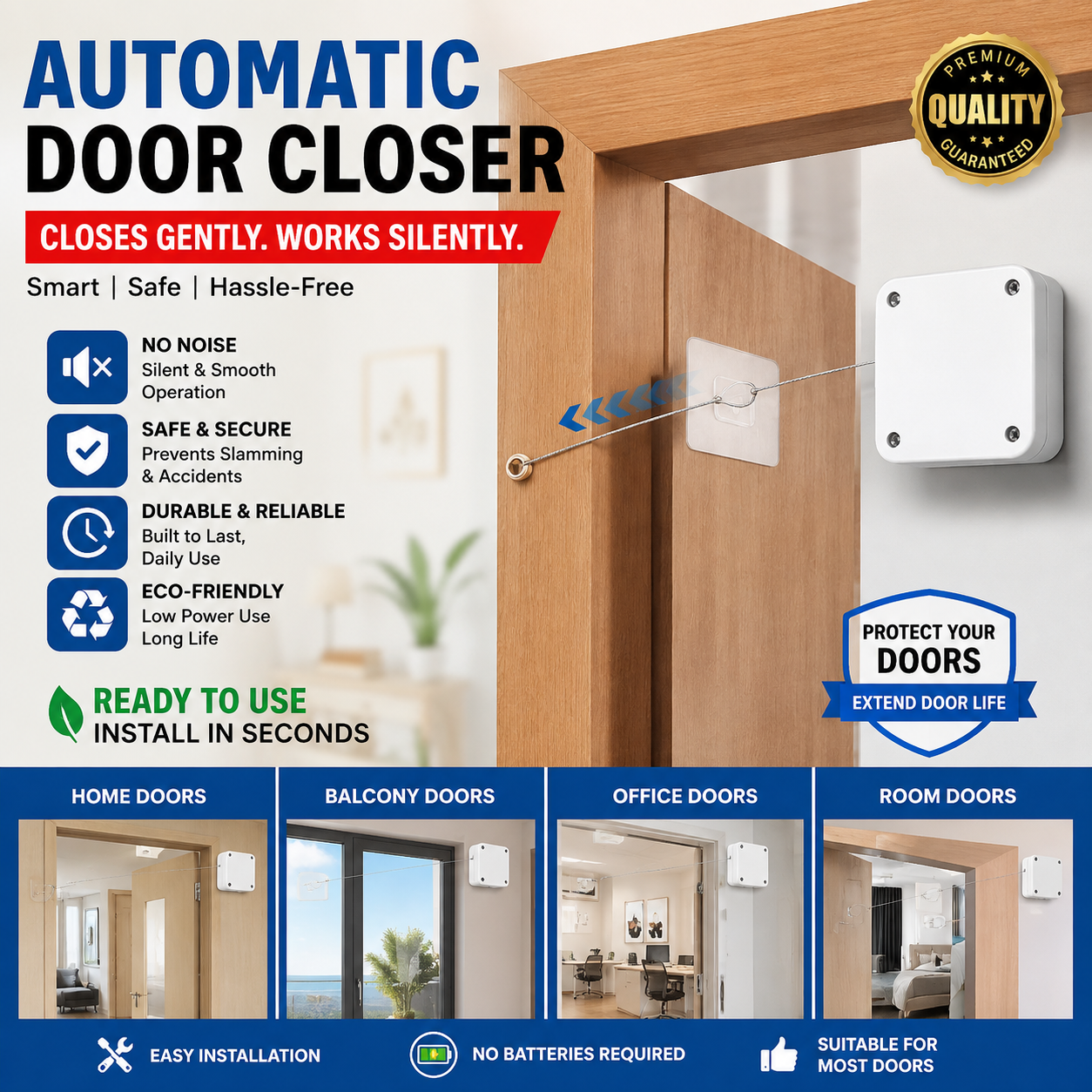 Automatic Door Closer | No Punch Self Adhesive Door Closer | Automatic Closing Device | Punch-Free Retractable Door Closing Rope | Home Office Wooden Door Auto Closer | Adjustable Door Closer | Silent Door Closing System