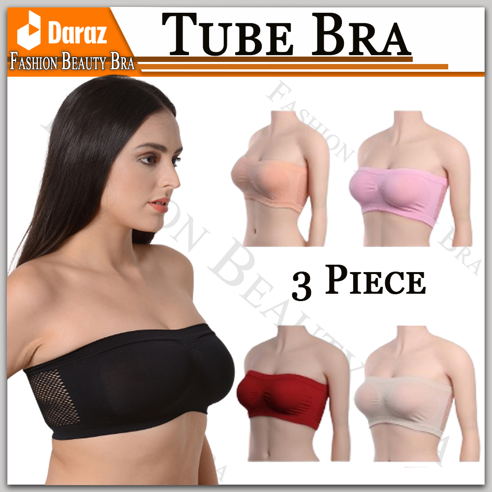 Pack of 3 Free Size Auto Fitting Bras / Blouse / Brazier / Brazzer / Brassiere Top Quality Multicolor Tube Patti Fashion Bras with Decent Stylish Stretchable Bra for Teenage and Training in Red Black Skin Pink Colors