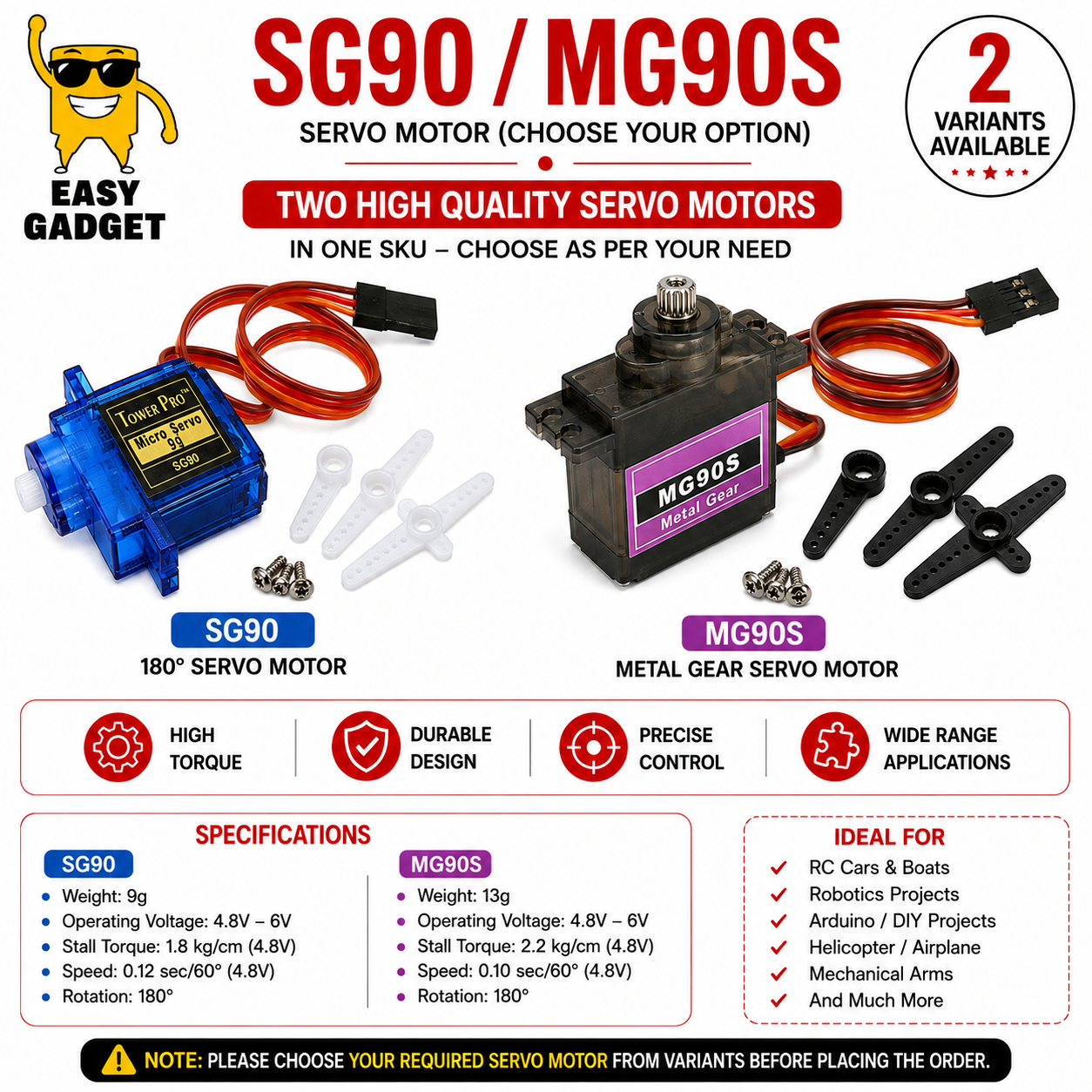 SG90 9G Micro Servo Motor / MG90S Metal Gear Servo Motor 180° | Select Variant | Arduino RC Robot DIY Servo | Easy Gadget