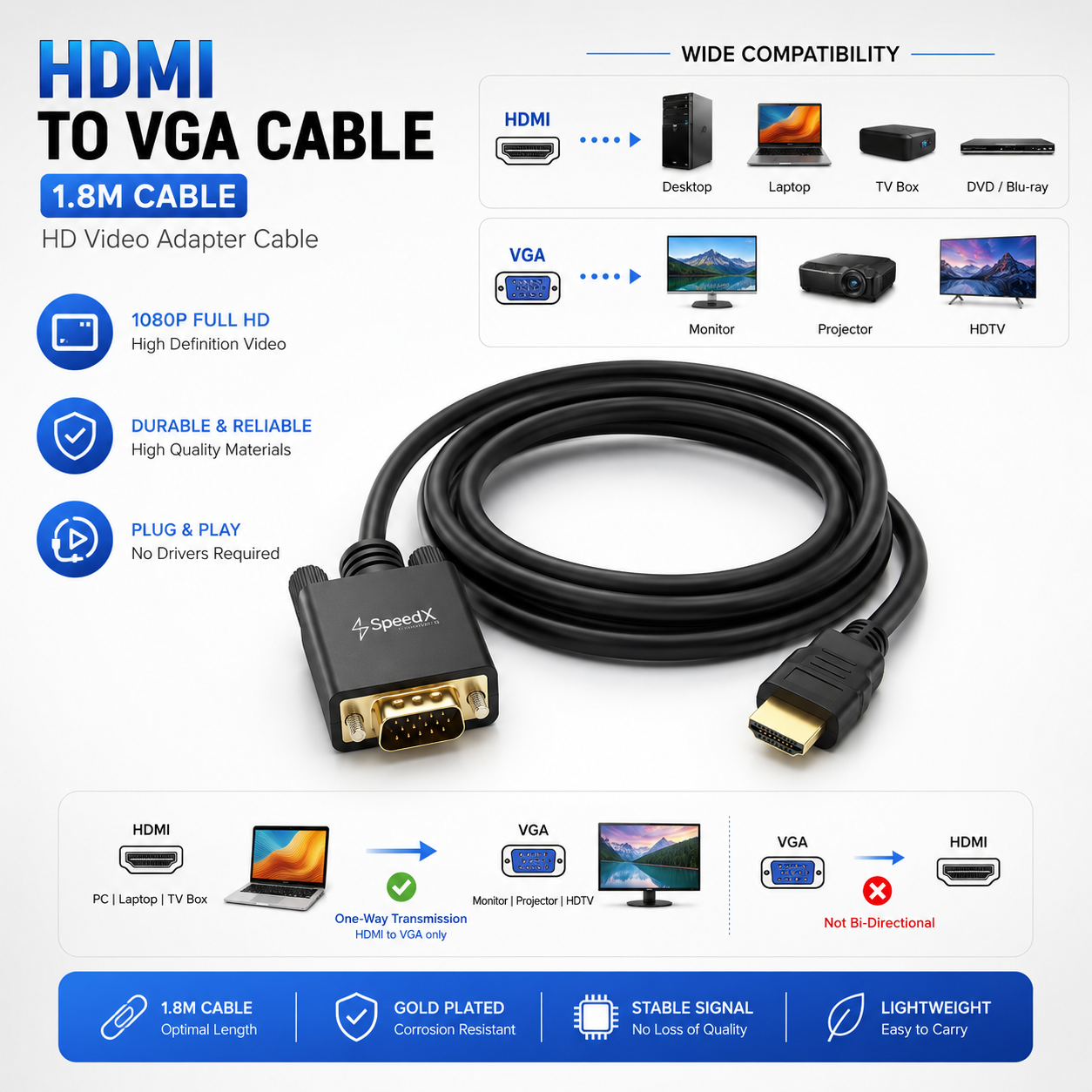 High-Speed HDMI to VGA Cable 1.8M - Premium Video Adapter Cord for High-Resolution Displays