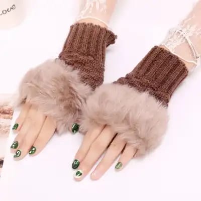 Fashion Women Faux Rabbit Fur Hand Wrist Warmer Winter Fingerless Knitted Gloves