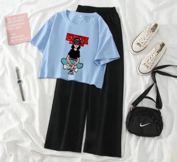 Summer  Crop Top T-shirt and Flapper Trouser Night Suit Set for Women and Girls