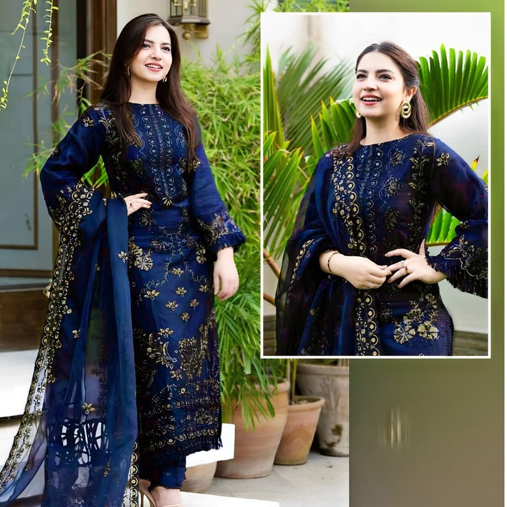 3Pc Embroidered Unstitched Chiffon Suit For Women All Season Crinkle Chiffon Fabric Party Wear Formal Style Multiple Color