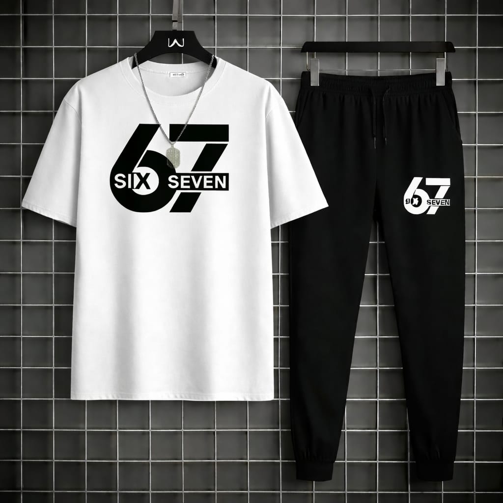 Richman 67® 2 PCS Summer Tracksuit for Men ⭐ | ⚪ White Printed T-Shirt & Black Trouser Set