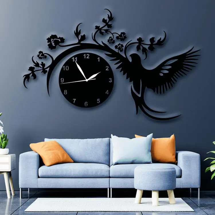 New Premium High Quality 3D Black Wooden Wall hanging Bird design Clock