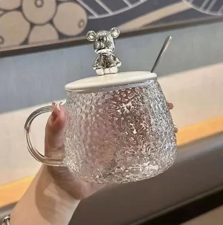Bear Glass Cup 400Ml Hammer Pattern Coffee Cups Drinkware Tea Mugs With Handle Transparent Glass Cup With Lid