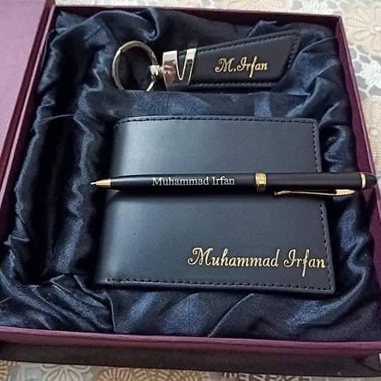 CUSTOMIZED NAME ON WALLET , KEY CHAINS AND PEN WITH BOX PACKING (PERFECT GIFT TO SEND YOUR FATHER , HUSBAND , FIANCE OR ANY ONE)