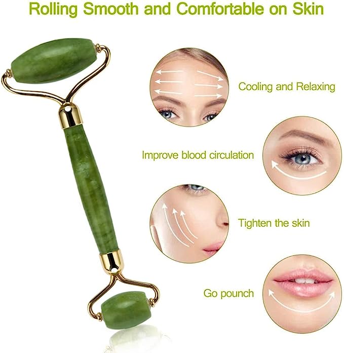 (Original Stone) Jade Roller and Gua Sha Set, Beyond Jade Face Roller - Face Massager, Facial Roller for Skin, Eyes, Neck - Noiseless Design - Jade Roller & Guasha Reduce Puffiness and Improve Wrinkles - Guasha Stone Self Care Gift for Man Women