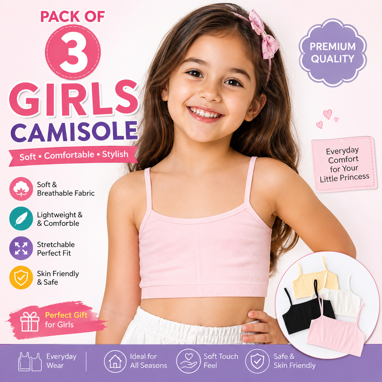 Pack of 2 Girls Teen Cotton Sports Bra Non-Padded – Ultra Soft Comfortable Breathable Solid Color Training Vest Top for Age 8 to 12 Years Kids Daily Use