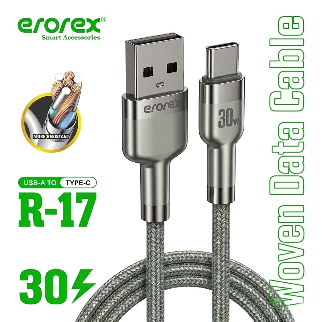 erorex R-17 30W Fast Charging USB-A to Type-C Woven Data Cable– High-Speed Data Sync & Durable Braided Charging Cord price in Pakistan