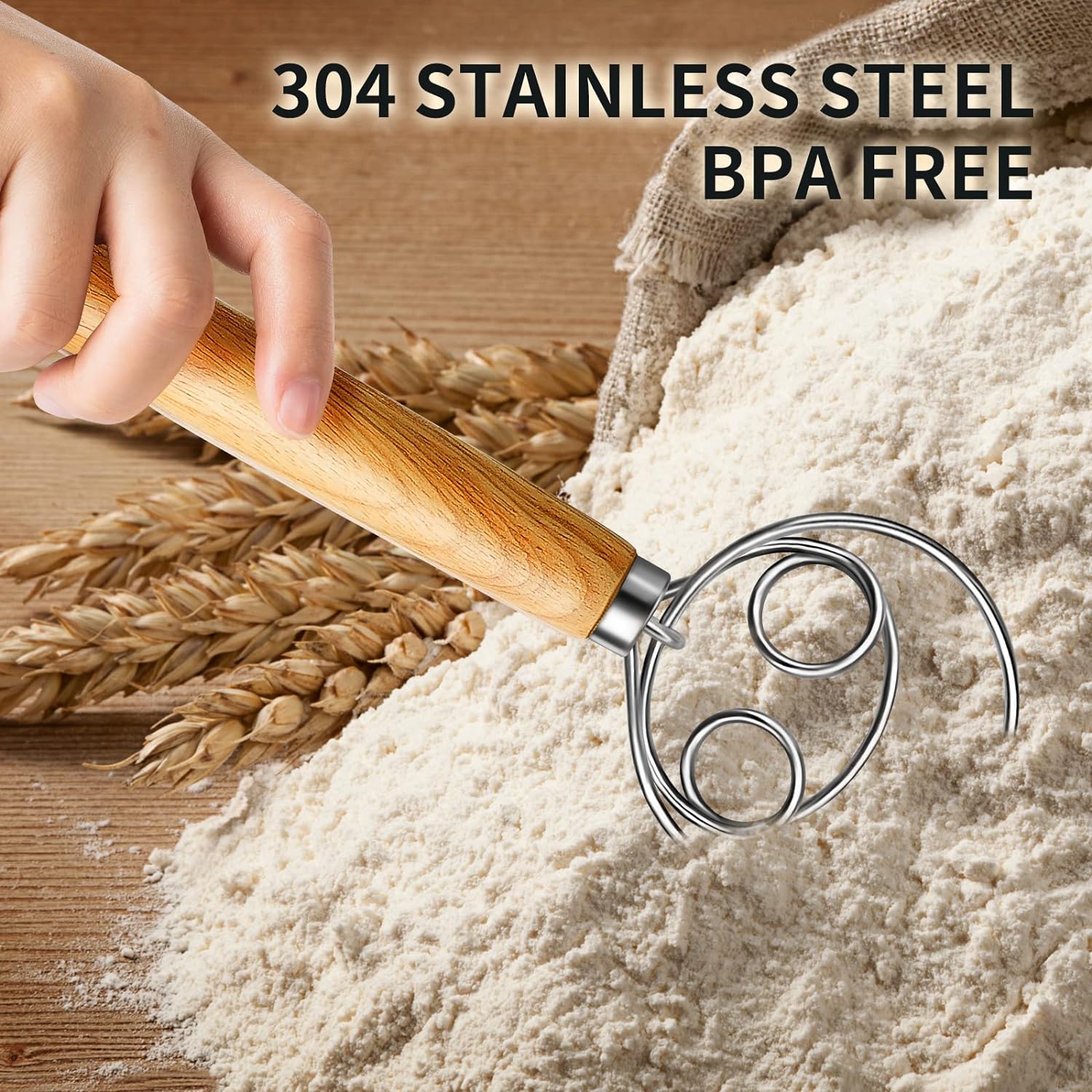 Dough Whisk Wooden Bread Whisk With Stainless Steel Dough Hook - Traditional Dutch Whisk - Dough Mixer Hand Tool & Sourdough Bread Making Tools And Supplies Flour Whisk Kitchen Dough Mixer For Baking 