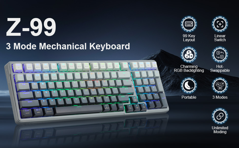 E-YOOSO Z-99 Tri-Mode Wireless Mechanical RGB Gaming Keyboard 99 Keys Silver Wood Hot Swappable Switches Gasket Design Gradient Grey 16 6b0527494febfb4a0ad61eaa24d8592c