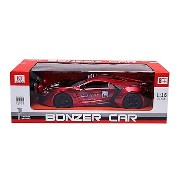 1:16 Scale Racing Bonzer Remote Control Car led Rechargeable Battery RC Car Series with Charger for Kids (Red, Blue)