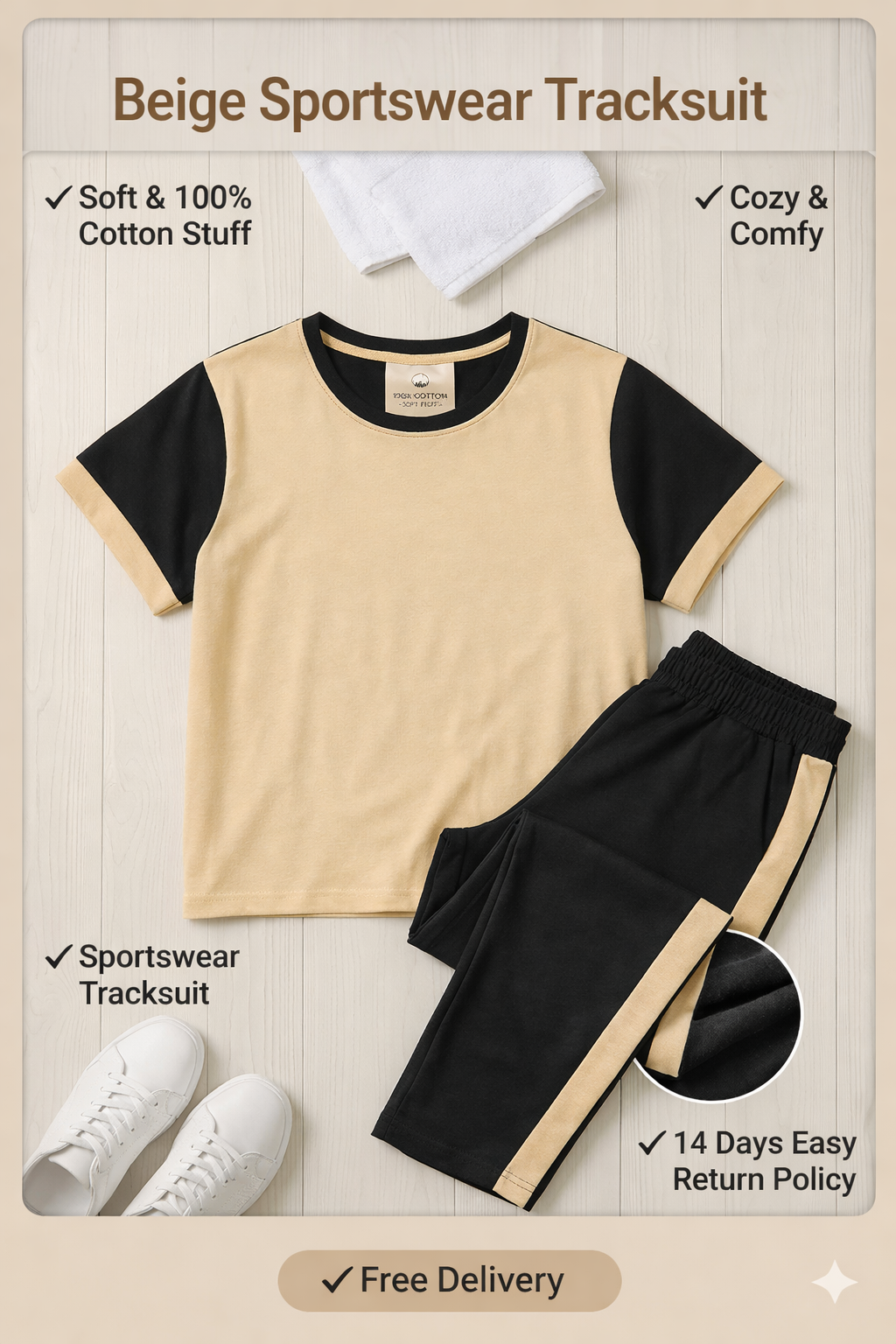 Beige & Black 2 Piece Tracksuit Gym Wear Set – Black Contrast Stripe T-Shirt & Trouser Co-Ord Set – Soft Stretch Jersey Fabric – Casual Wear, Sportswear, Yoga Suit, Running Outfit For Girls & Ladies, Tees Dress Girls Dress Gym Tracksuit SoprtsWear casual