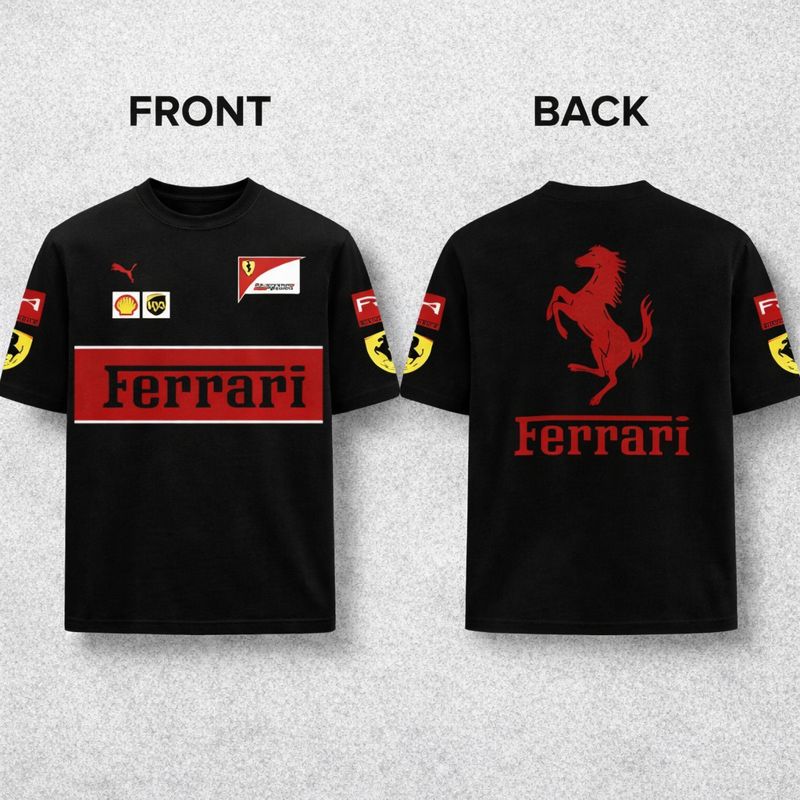 Ferrari Racing Drop Shoulder T-Shirt For Men Summer Cotton Fabric Streetwear Style White and Black Color