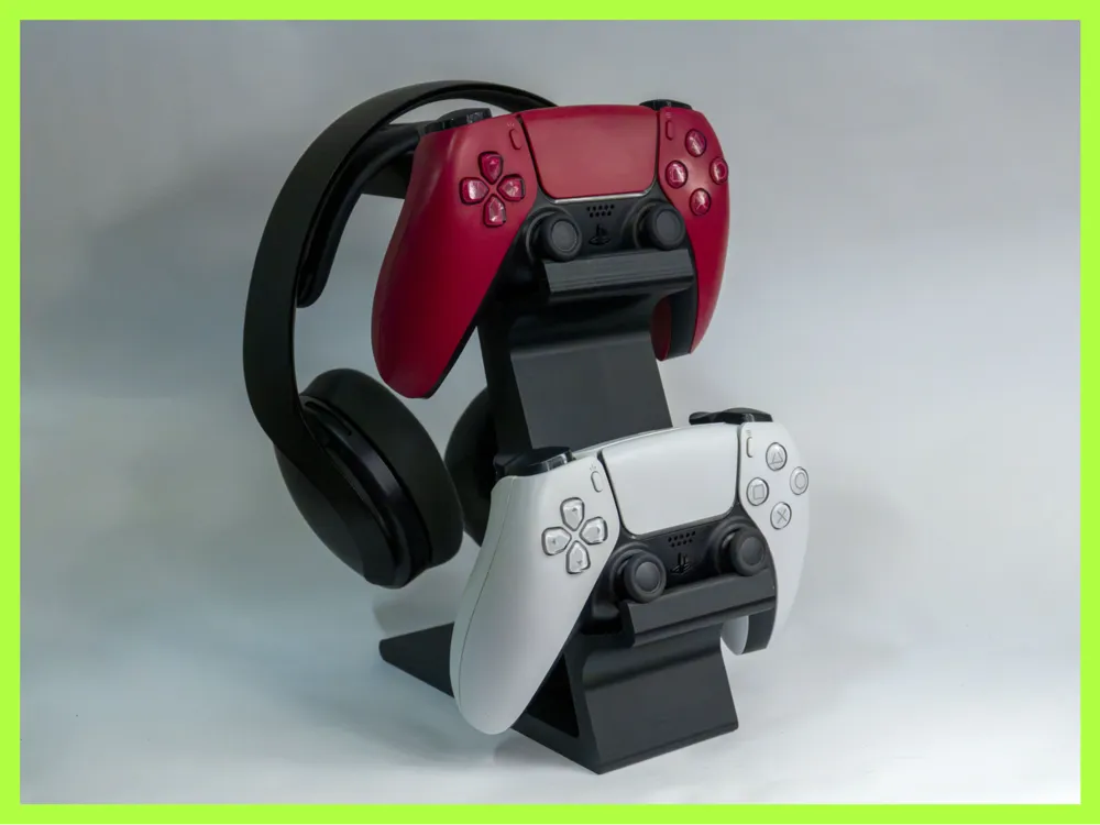 Headphone & Dual Controller Stand – Modern Gaming Headset Holder with 2 Controller Dock, Space-Saving Desktop Organizer for PS5, Xbox & PC Gaming Accessories, Durable Gamer Setup Stand for Home & Office