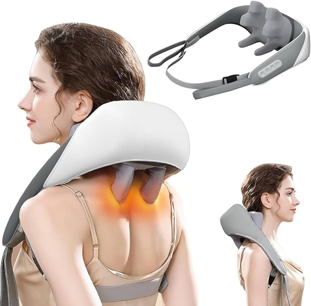 Rechargeable 5D Kneading Neck Shoulder Back Massager | Electric Deep Tissue Massage Machine with Adjustable Heat | Shiatsu Cervical Massager for Muscle Pain Stiffness Relief | Portable Wearable Full Body Relaxation Device