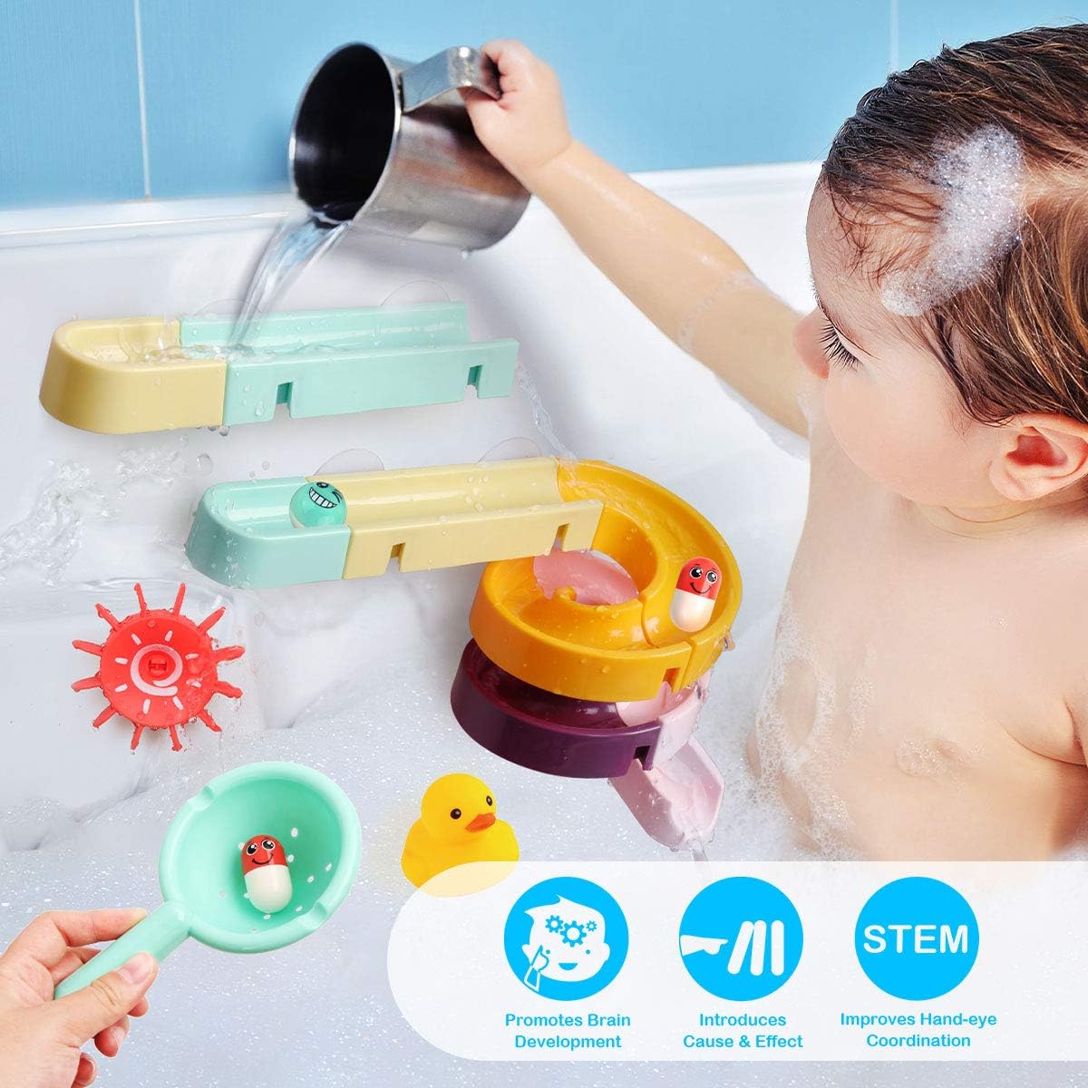 Children'S Bath Toys Set, 24Pcs Diy Slide Waterfall Track Stick With Suction Cup And Wheels Water Ball Shower Floating Bathtub Toy Summer Children Bathtub Gift For Kids Boys Girls