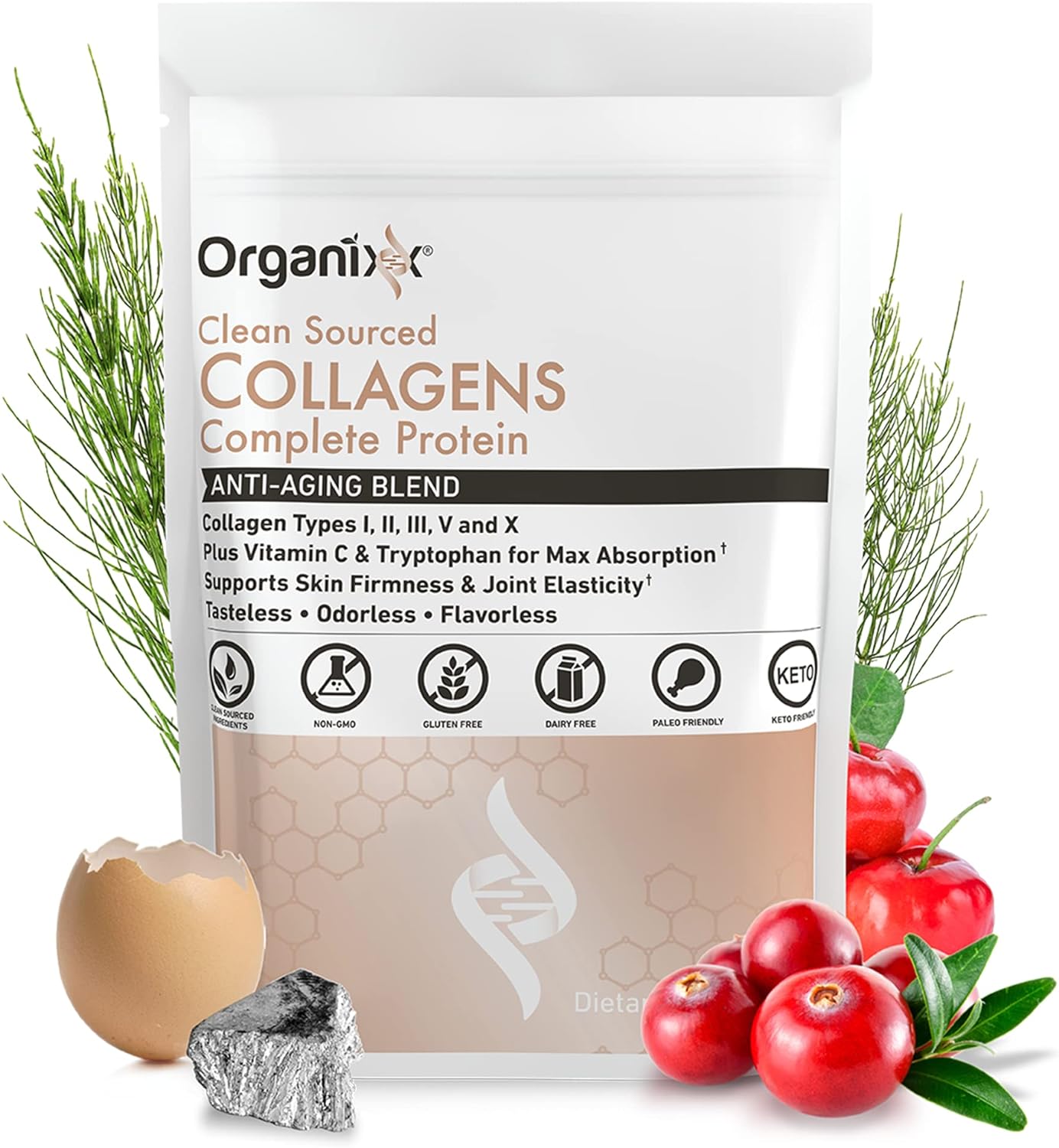 Organixx Clean Sourced Collagen Powder, Hydrolyzed Protein Powder Collagen Peptides with Vitamin C, and Types I, II, III, V, X, For Skin, Joints, Hair and Nails, Aging Support, Unflavored, 20 Servings 170gm
