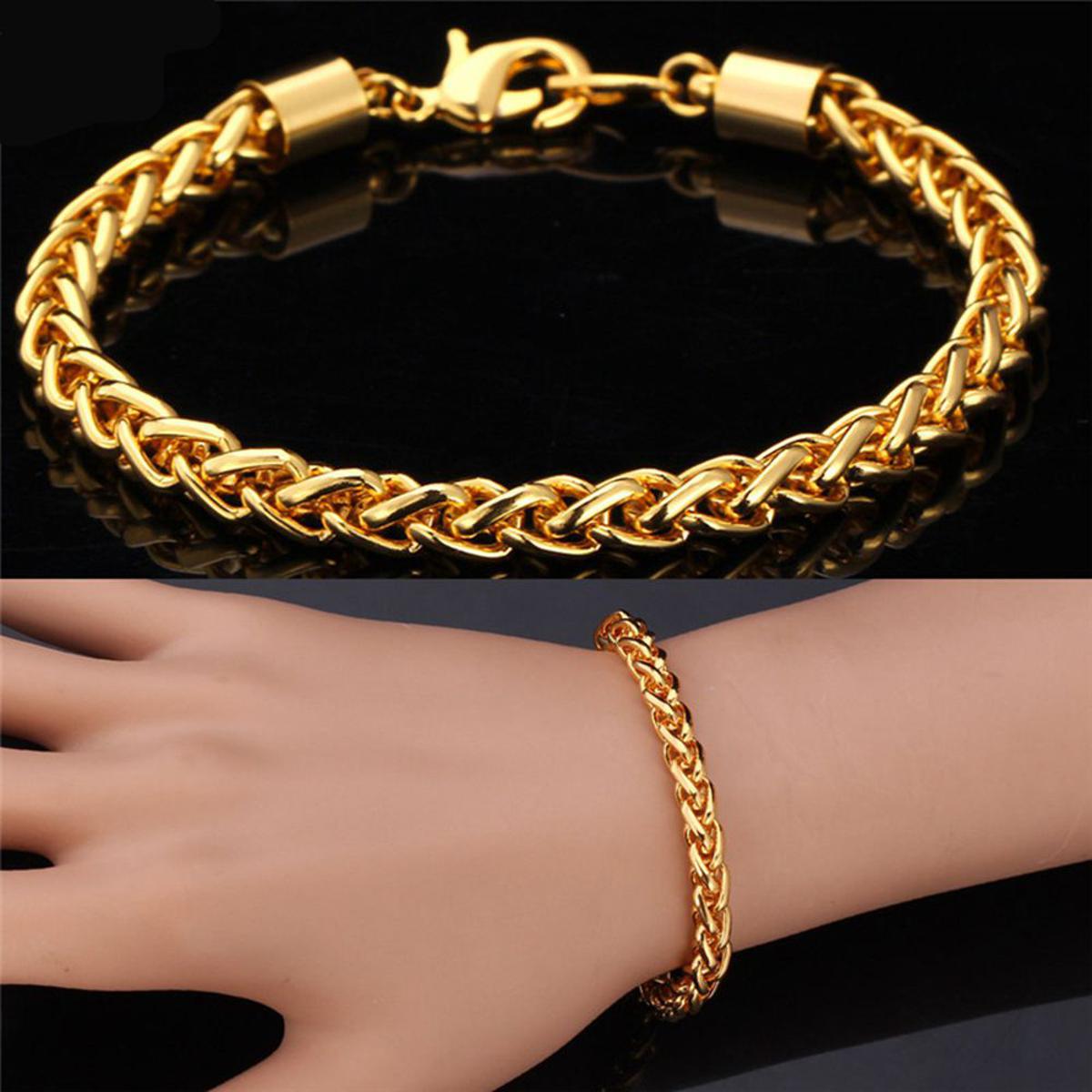Golden Pure Stainless Steel Wheat Link Wrist Bracelet Chain for Men / Boys Hand