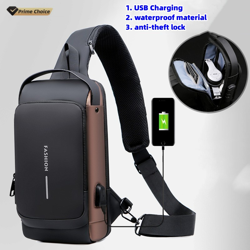 Waterproof Nylon Anti-Theft Sling Side Bag for Men - USB Port Crossbody Chest Pack with Scratch-Resistant Finish
