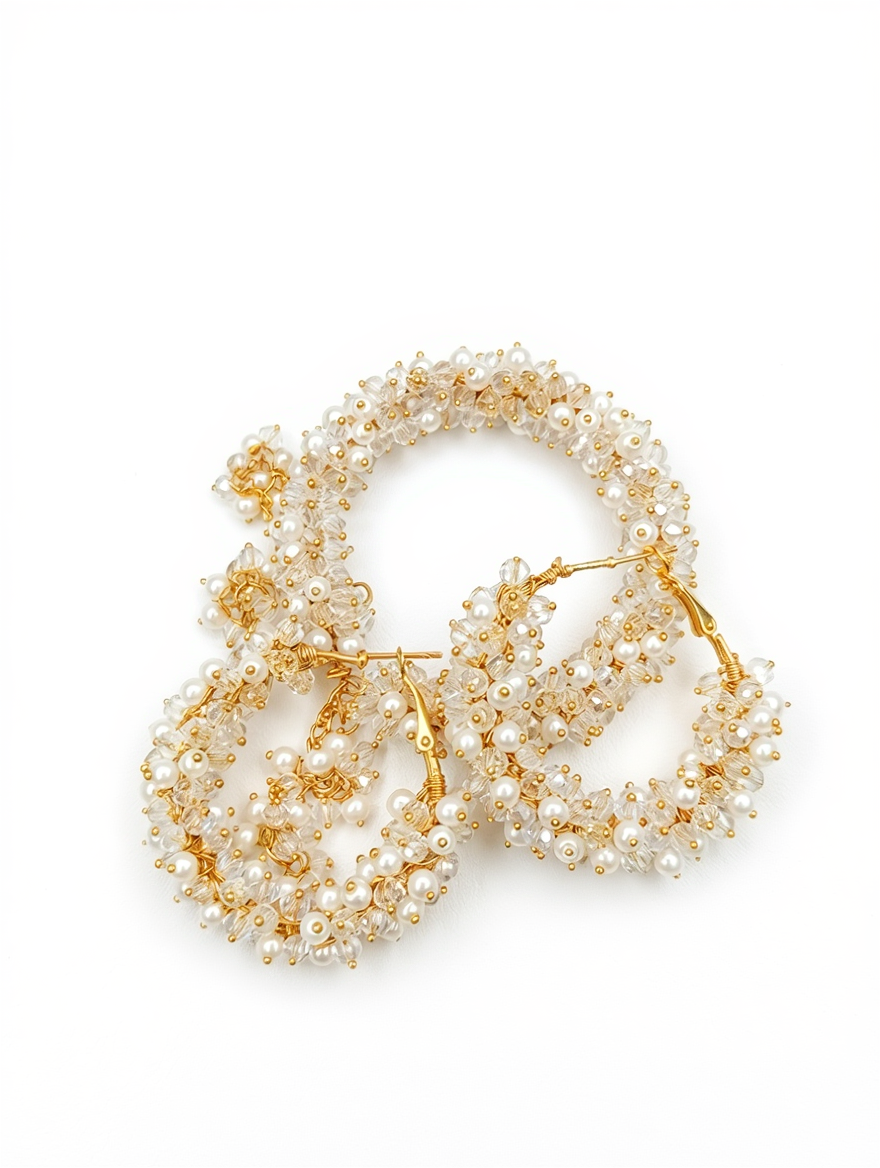 Handmade Pearl and Crystal Beaded Bracelet with Floral Dangles – Elegant Gold-Tone Jewelry - 1 bracelet with 2 earings