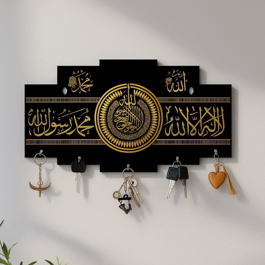 Islamic Wooden Key Holder with Kalma Calligraphy – Black & Gold Wall Hanging Key Organizer with Hooks – Decorative Islamic Wall Décor for Home – Wall Decoration Items – Wall Décor – Key Holder – Key Holder Wall – Key Holder For Wall – Home Decorations