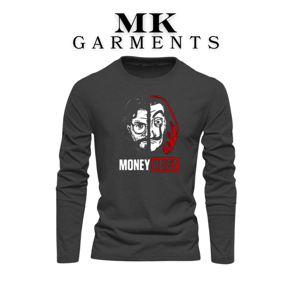 MK Garments - Money Heist Printed Comfort and Style Soft Full Sleeve Round Neck TShirt For Men & Boys