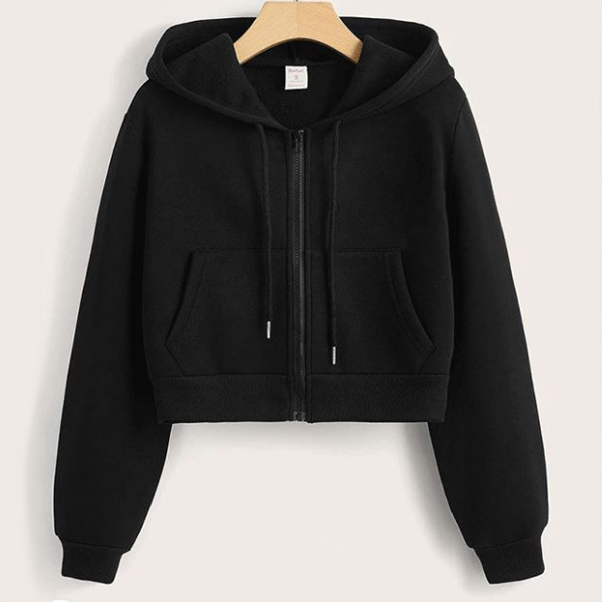 Elegant Women's Cropped Hoodie with Long Sleeves and Full Zip Closure in Solid Colors
