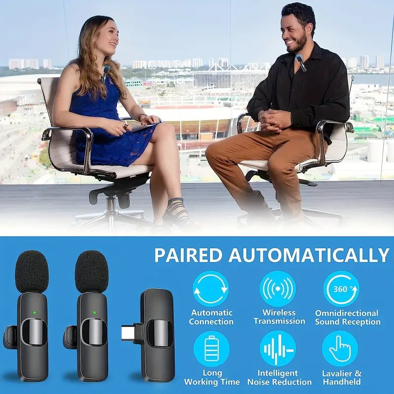 Wireless MIC Type C/Lightning/Android Mic K9 Wireless Double Microphone For Interview, Vlogging , Podcast