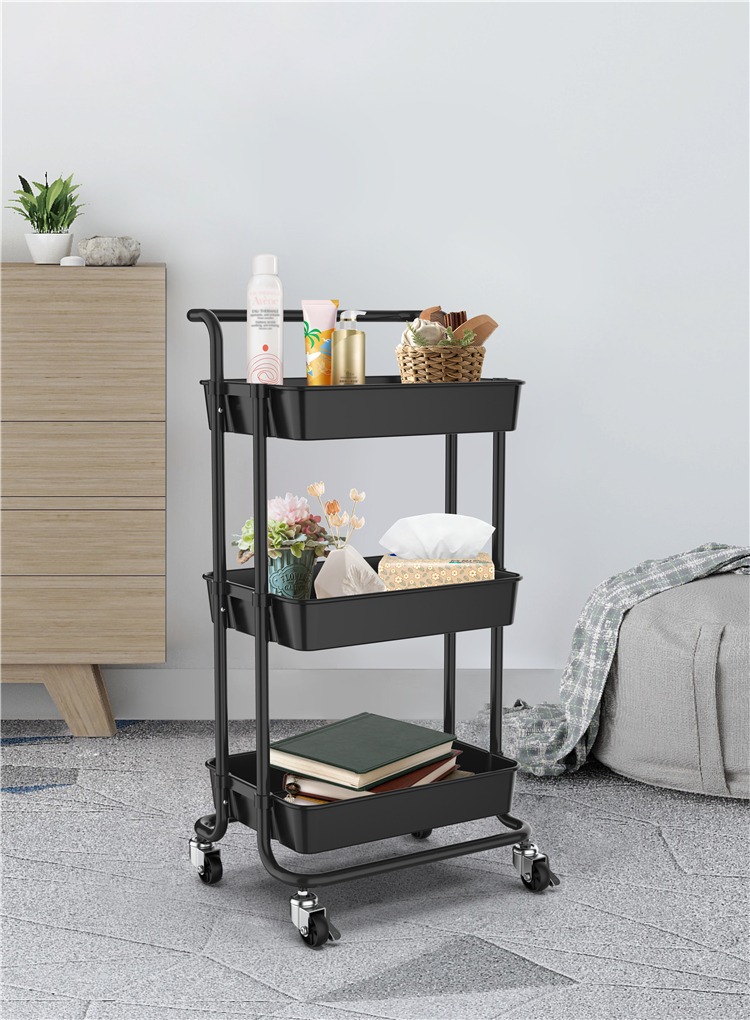 Mobile 3-Tier Mesh Utility Trolley – Carbon Steel, Lockable Wheels, Handle, Black, For Kitchen/Office 2 thumbnail image