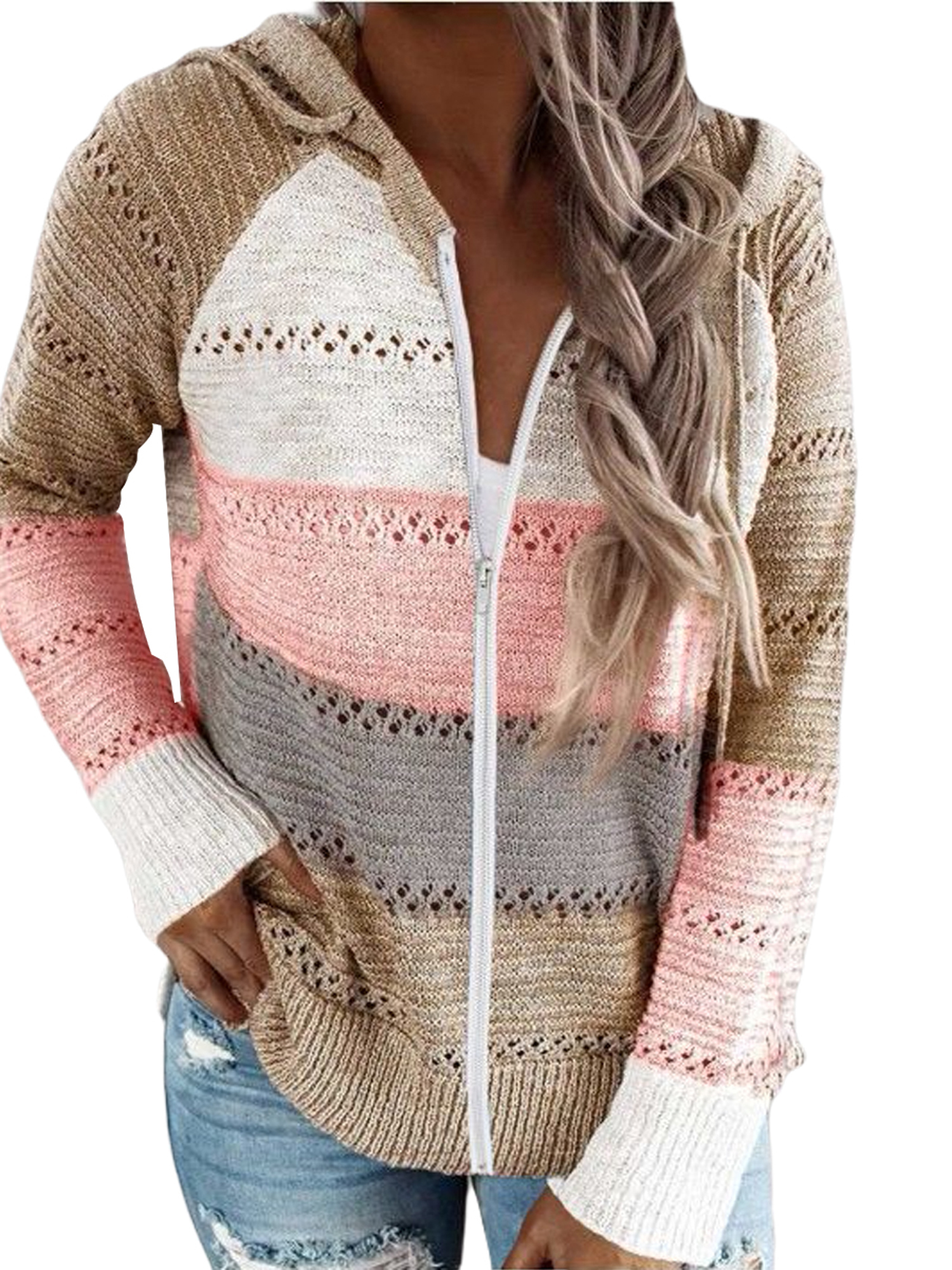 Woman Color Block Cardigan, Long Sleeve 