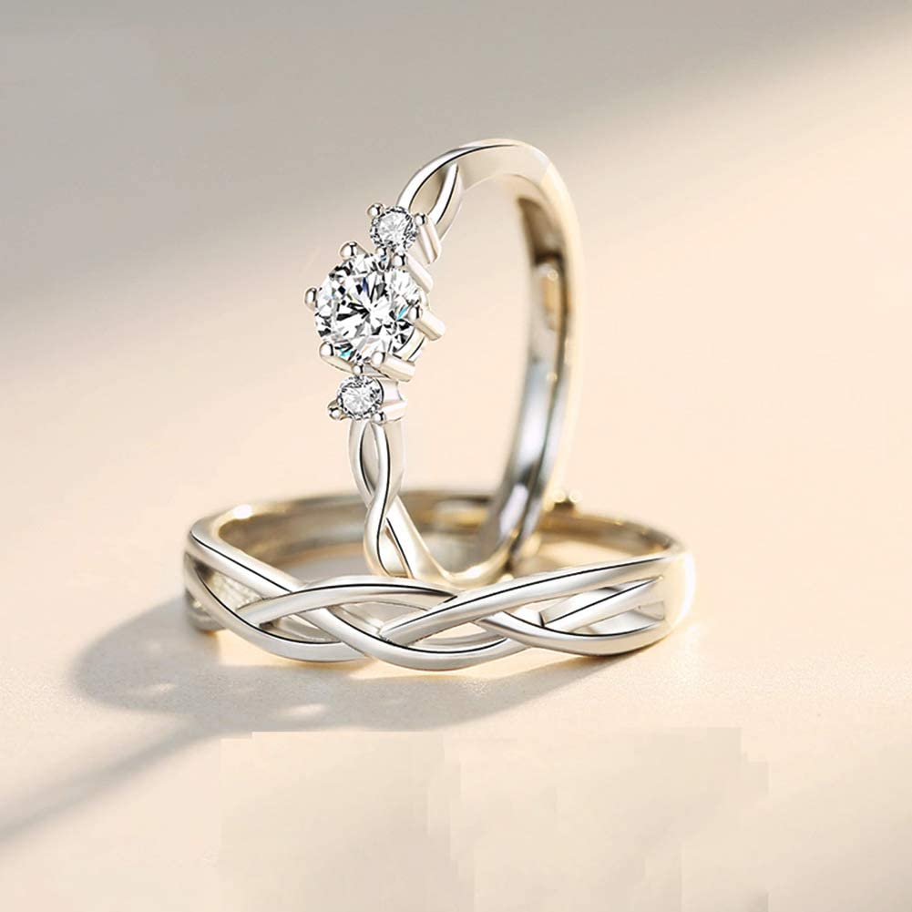 Jewelicious 925 Sterling Silver Couple Ring with Cubic Zirconia - Perfect Wedding, Engagement or Anniversary Gift for Men and Women - Adjustable Open Ring Design