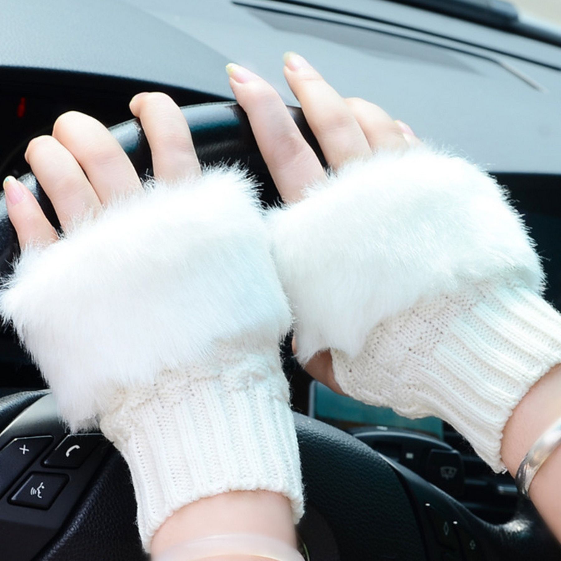 Fashion Women Faux Rebbit Fur Hand Wrist Warmer Winter Fingerless Knitted Gloves